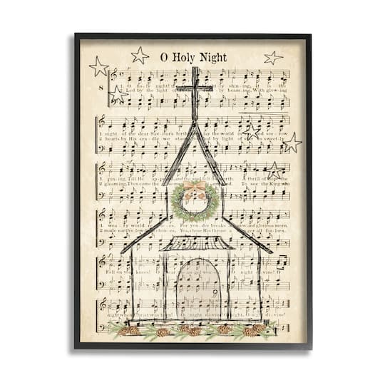 Stupell Industries Festive Winter Church Holy Night Musical Script Framed Wall Art